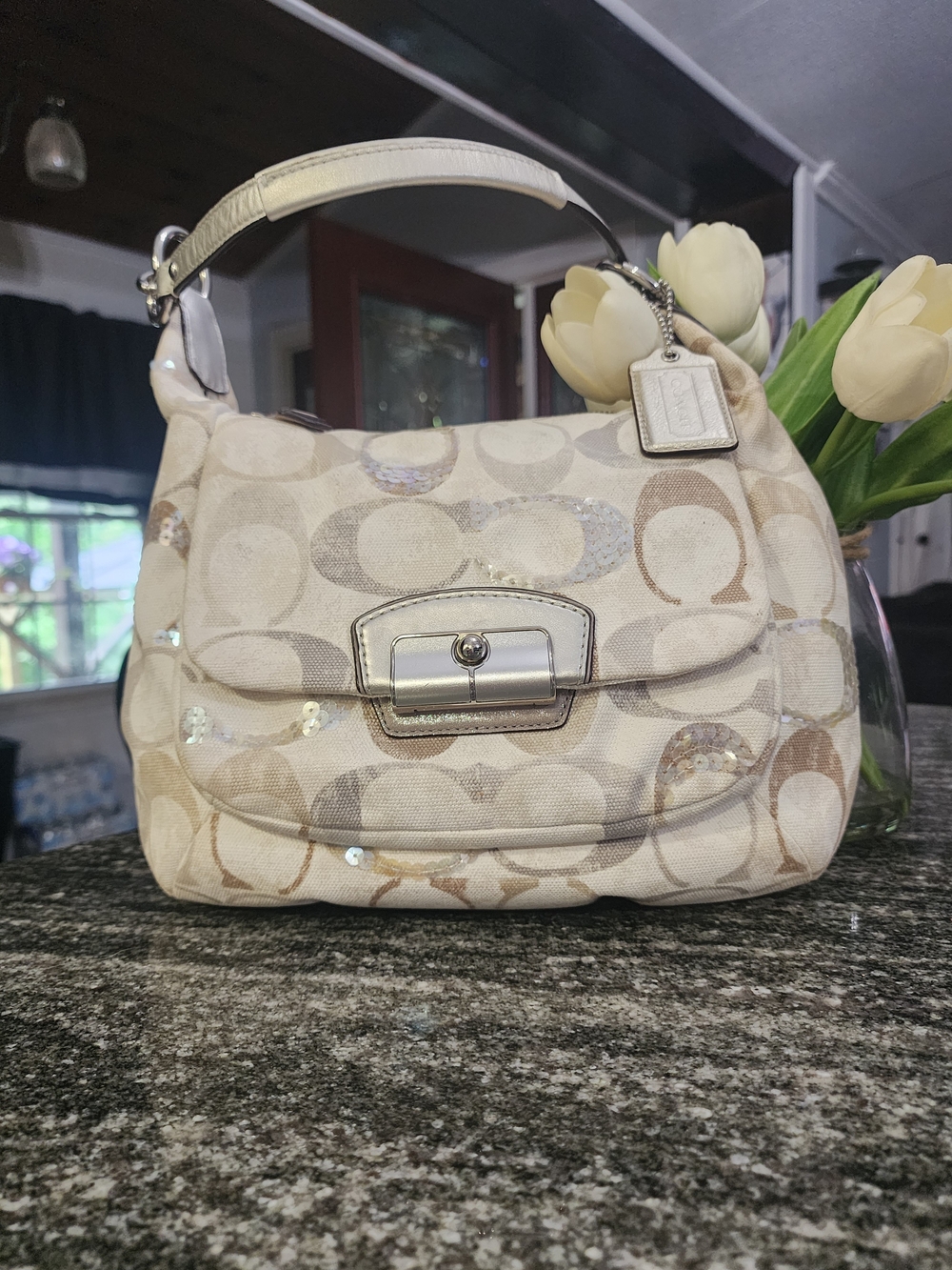 Coach Cream and Tan Signature Sequin Hobo Shoulder Bag